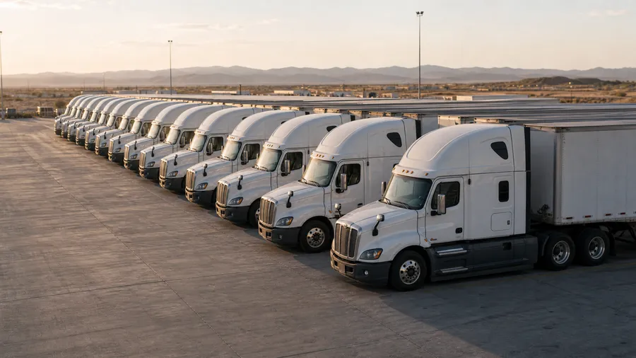 A long row of matched white sleeper-cab tractors parked in a terminal yard