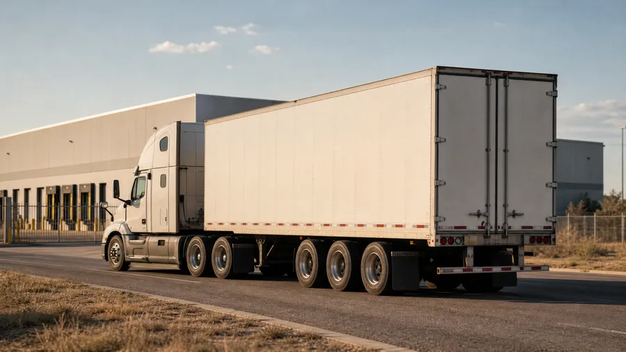 A loaded semi truck pulling away from a shipper warehouse gate onto the access road