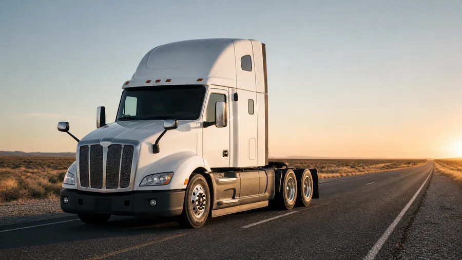 A new unmarked sleeper-cab tractor at the head of an open Texas highway at sunrise
