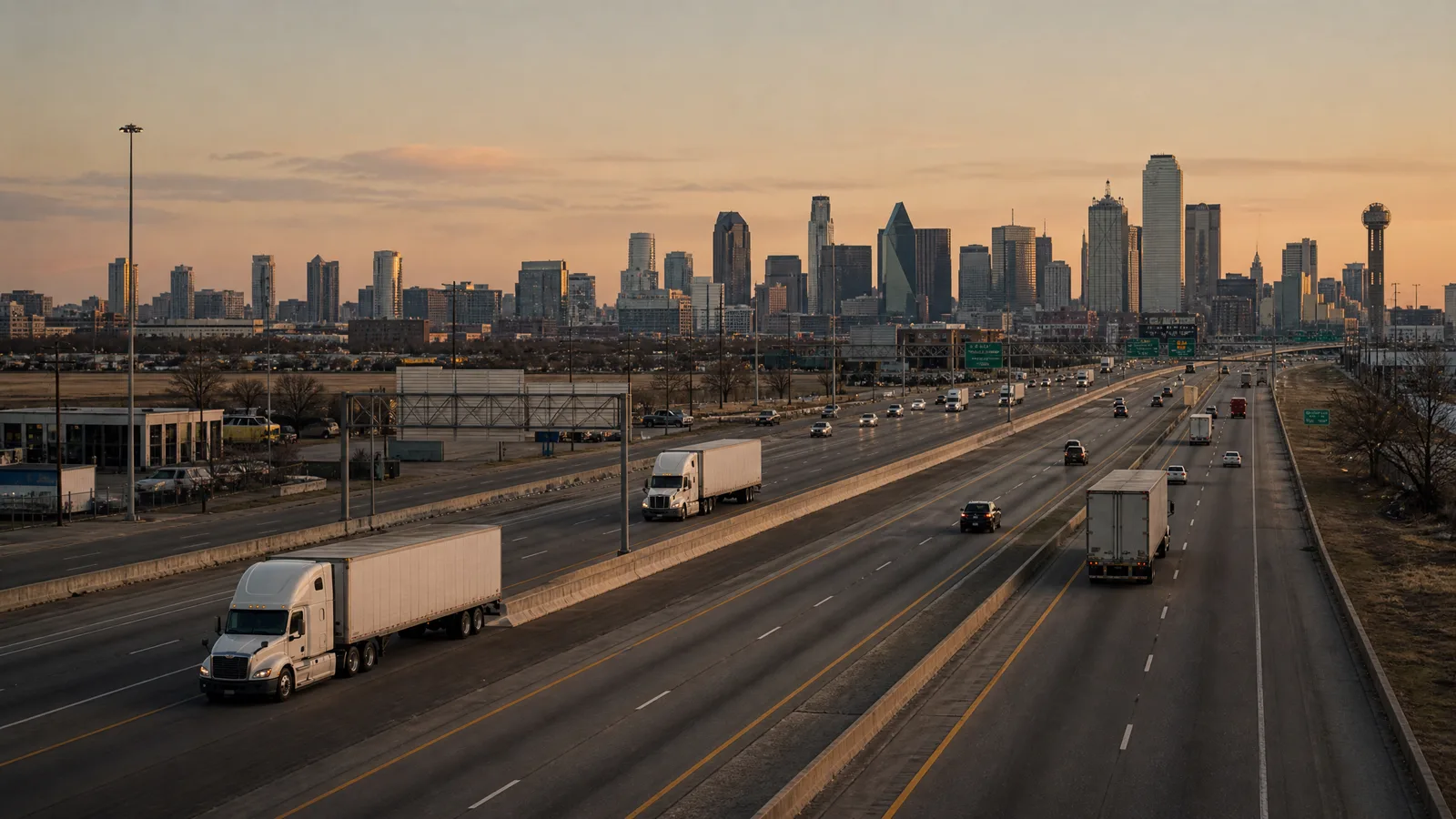 Semi trucks in the freight lanes of an interstate below the Dallas skyline