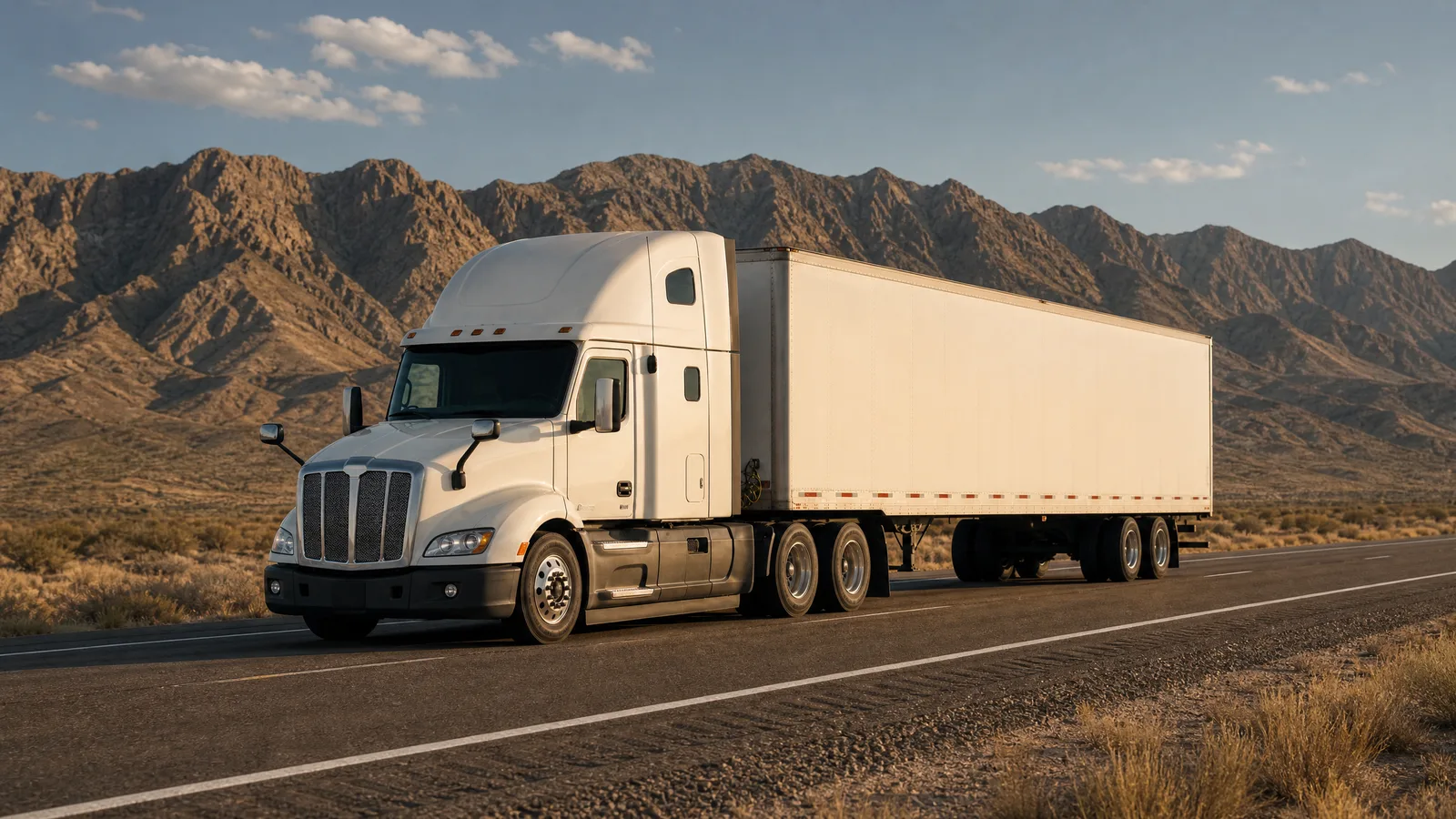 Semi truck on a desert interstate with the Franklin Mountains behind it