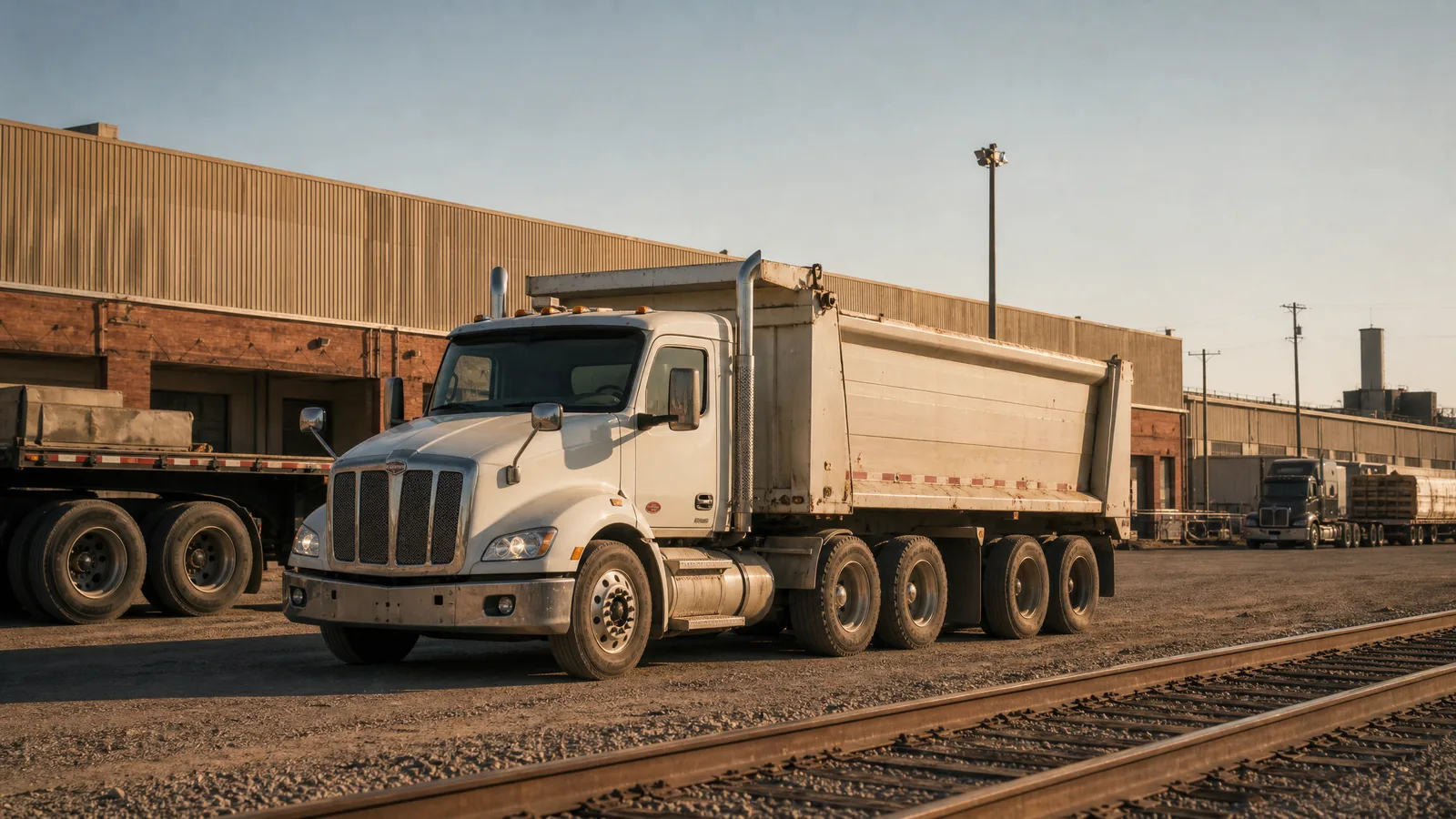 Dump truck and freight rigs in a Fort Worth industrial yard beside rail lines
