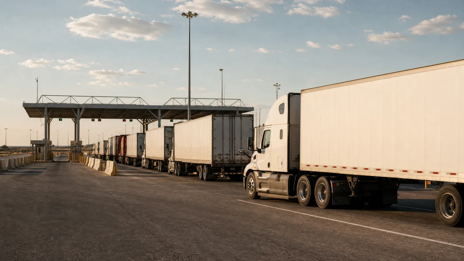 Semi trucks queued at the commercial border crossing inspection plaza in Laredo