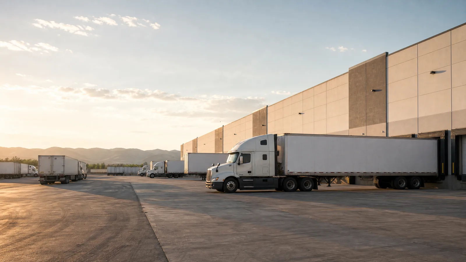 Semi trucks backed into loading dock bays at a San Antonio distribution yard