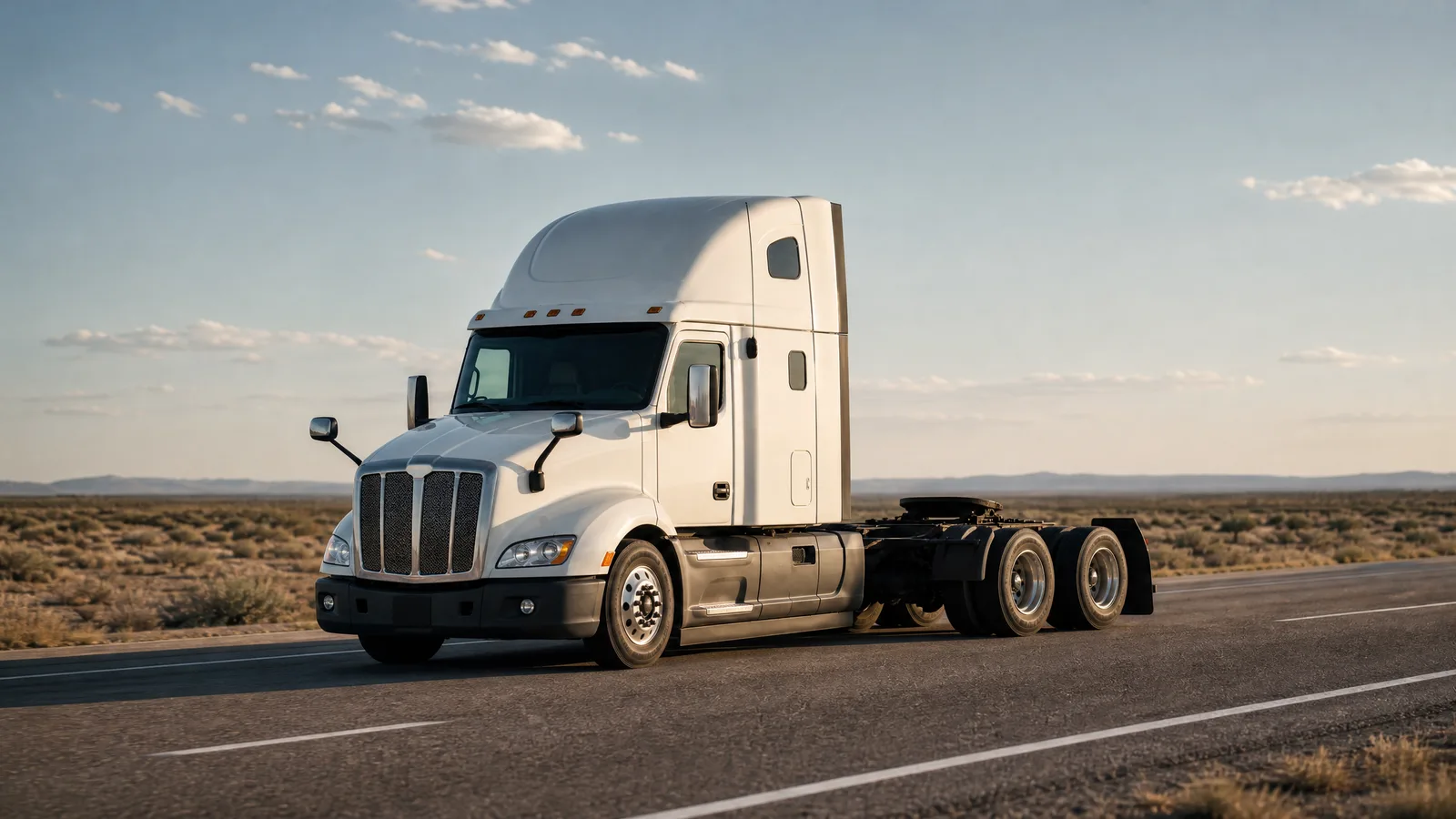 Tractor running bobtail on an open road with no trailer and a bare fifth wheel