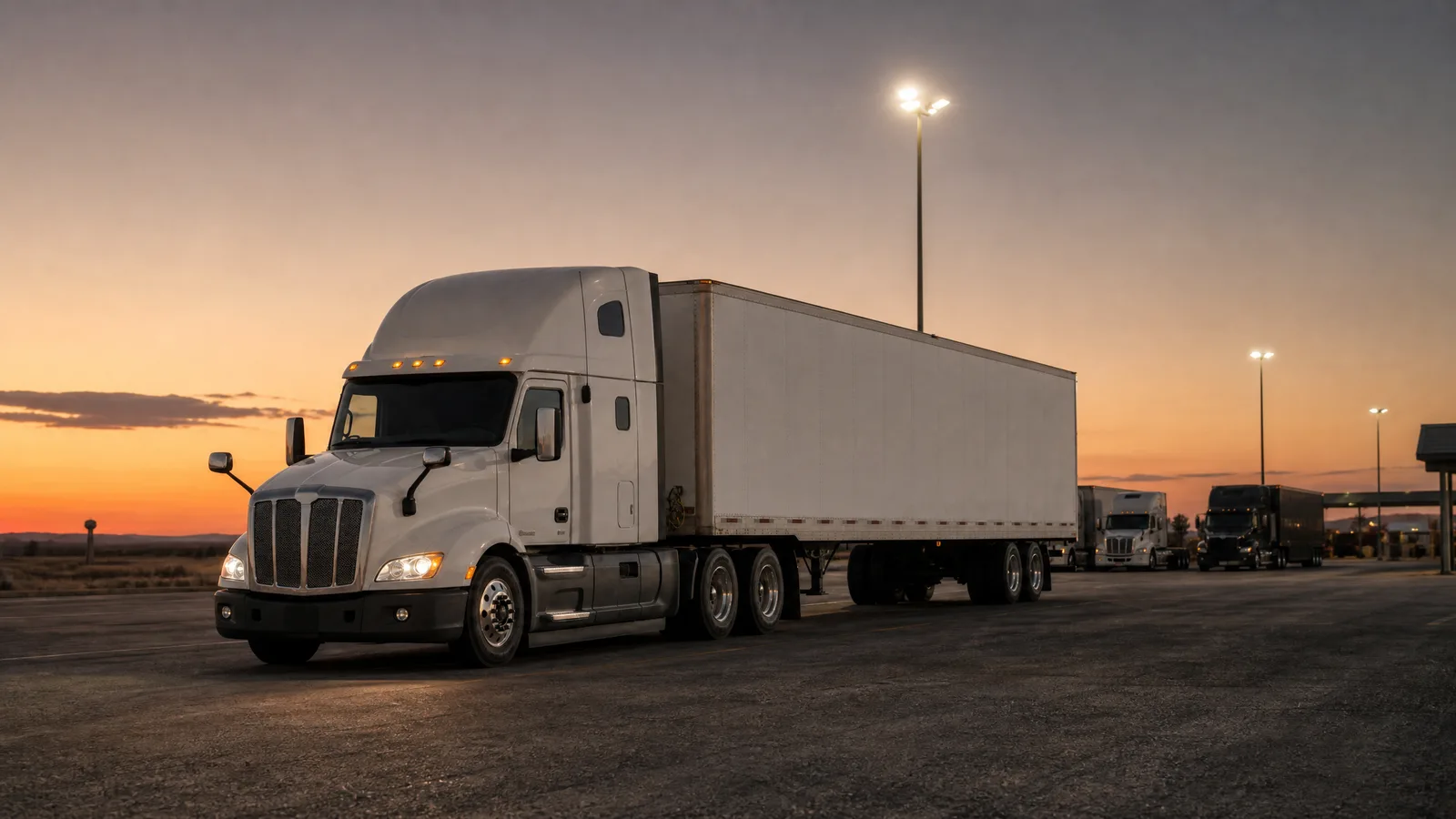 Single sleeper-cab rig parked overnight in a truck stop lot at dusk