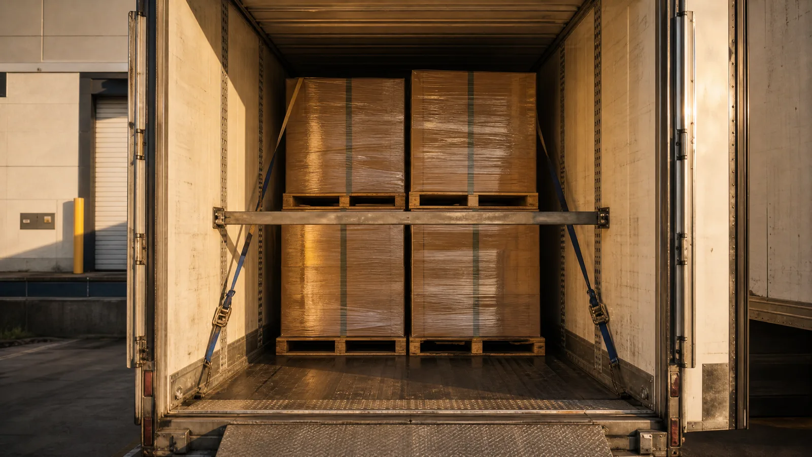Palletized freight strapped and secured inside an open dry van trailer at a dock