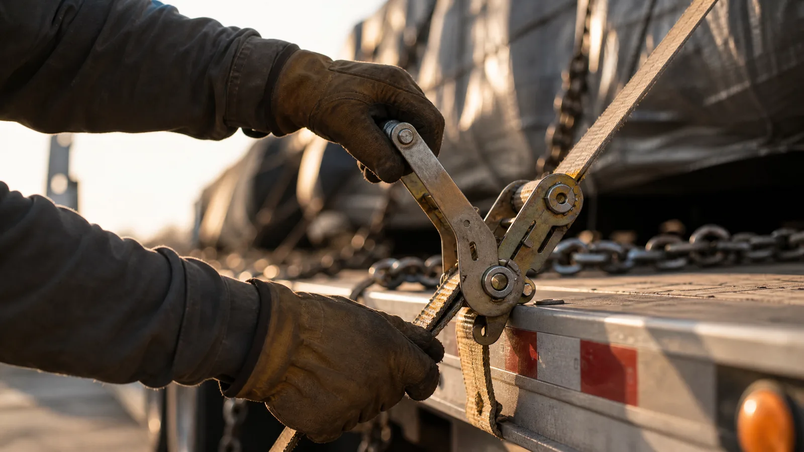 Gloved hands tightening a chain binder on the side rail of a loaded flatbed