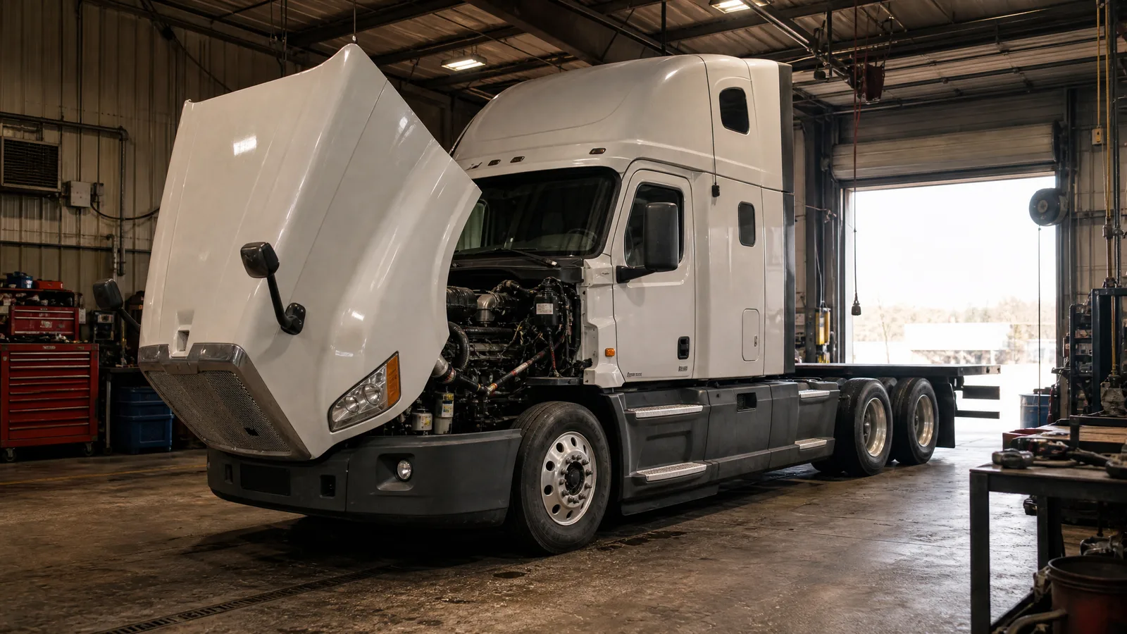 Class 8 tractor in a heavy truck repair bay with its hood tilted open