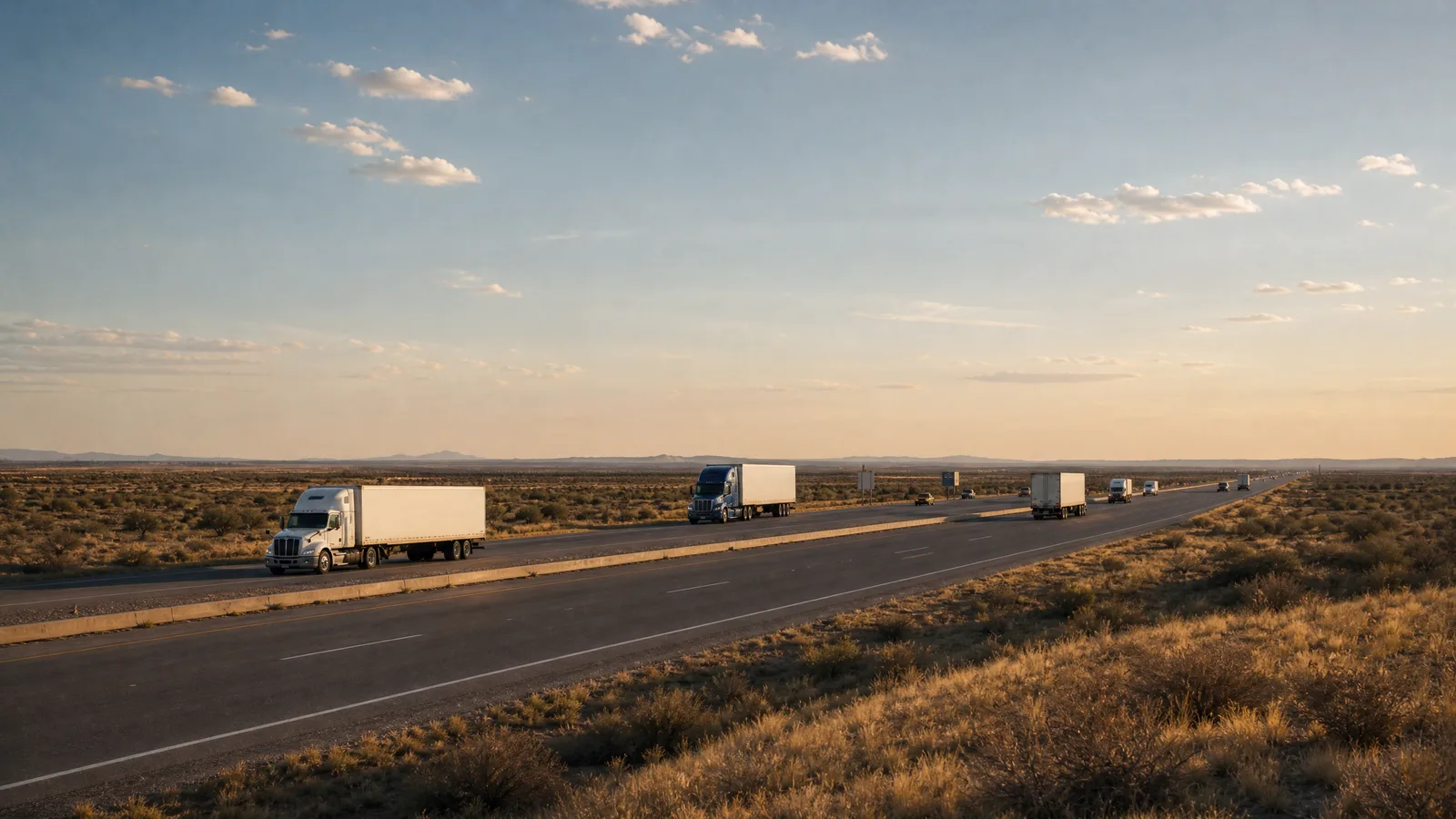Semi trucks spread across a wide Texas freight corridor at golden hour