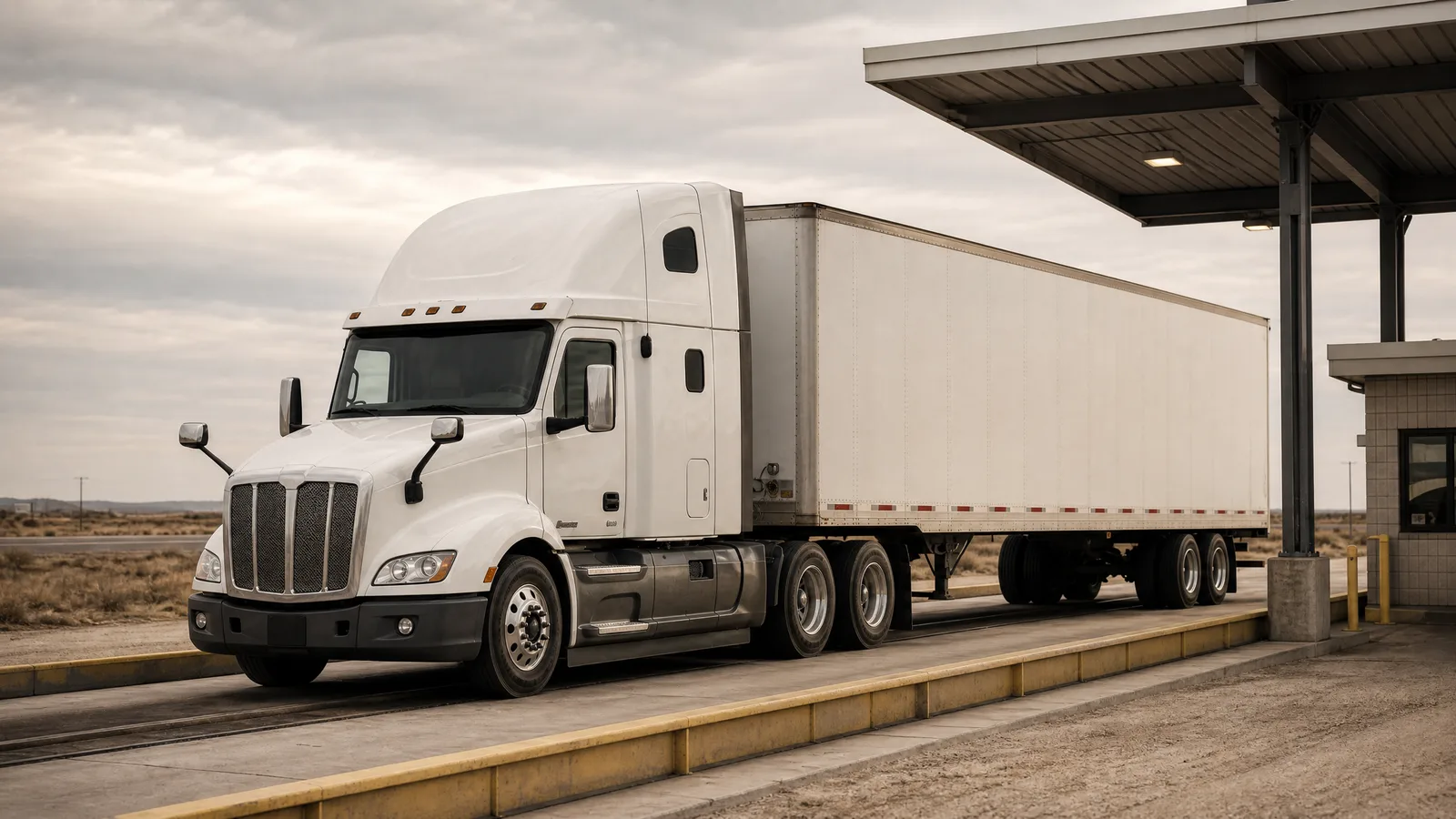 Semi truck pulled onto the scale platform at a Texas highway weigh station