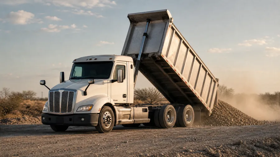 Dump truck tipping aggregate at a Texas construction site