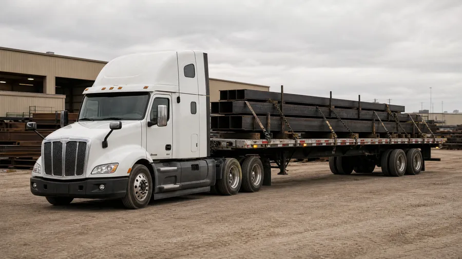 Flatbed trailer loaded with chained steel beams at an industrial yard