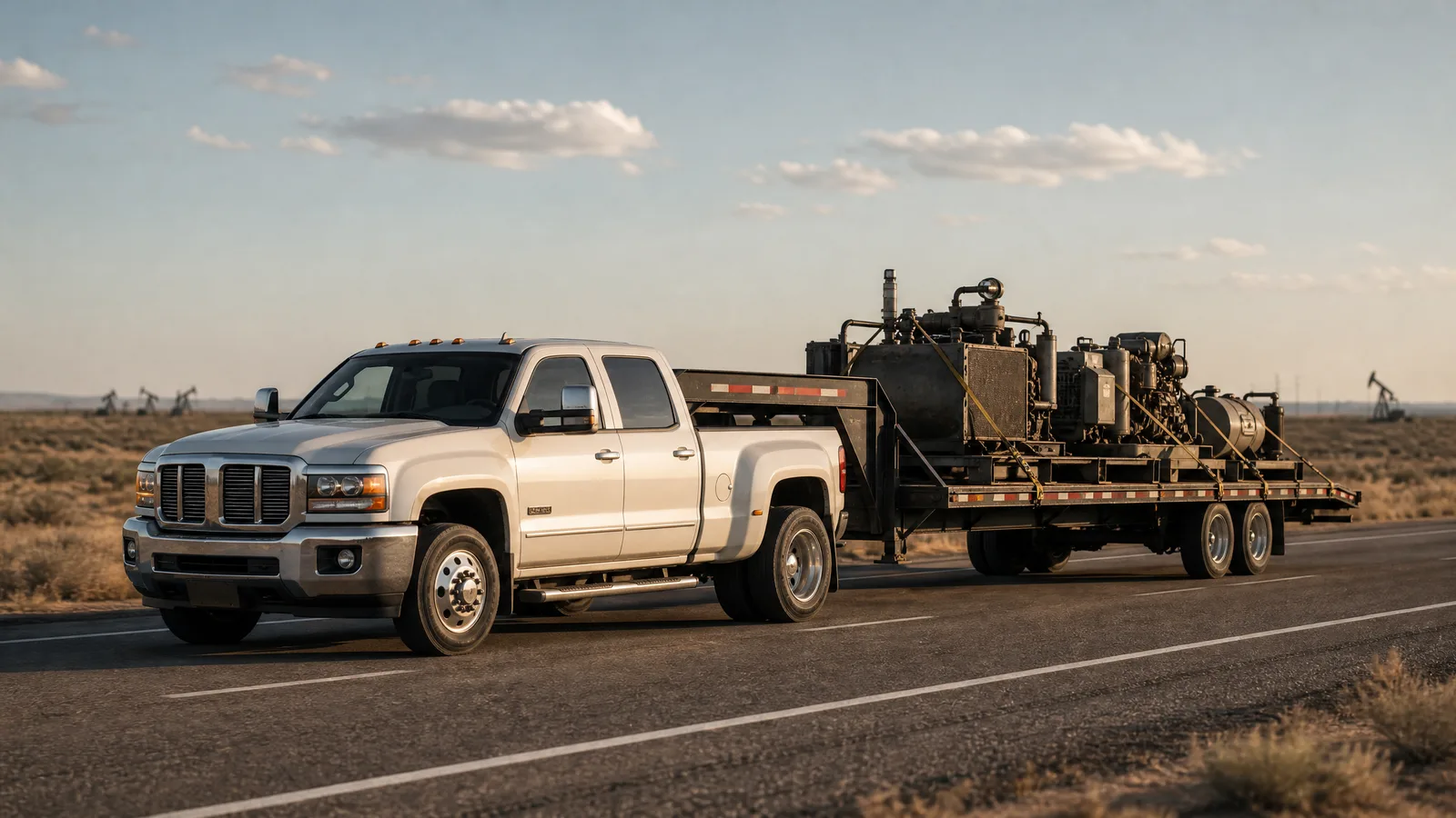 Dually pickup pulling a gooseneck trailer of oilfield equipment in West Texas