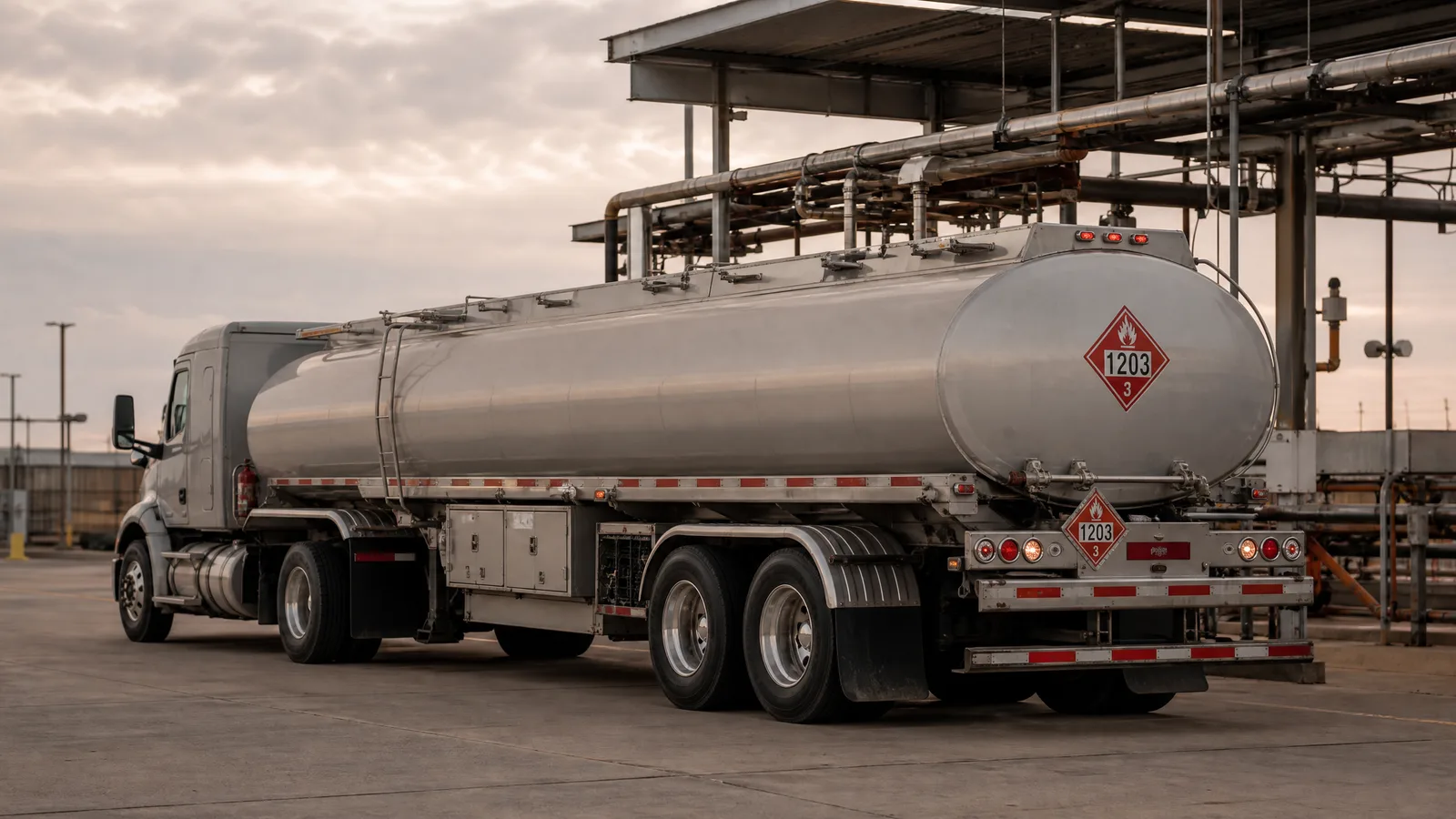 Placarded petroleum tanker loading at a Texas fuel terminal rack