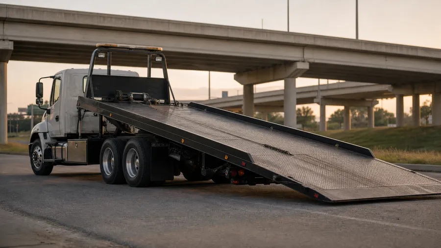Flatbed rollback tow truck with its ramp lowered beneath a highway overpass