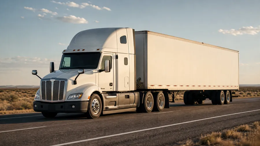 White semi truck with a dry van trailer on an open Texas interstate