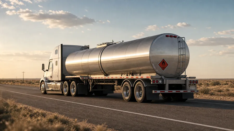 Stainless steel tanker trailer with a placard on a Texas highway