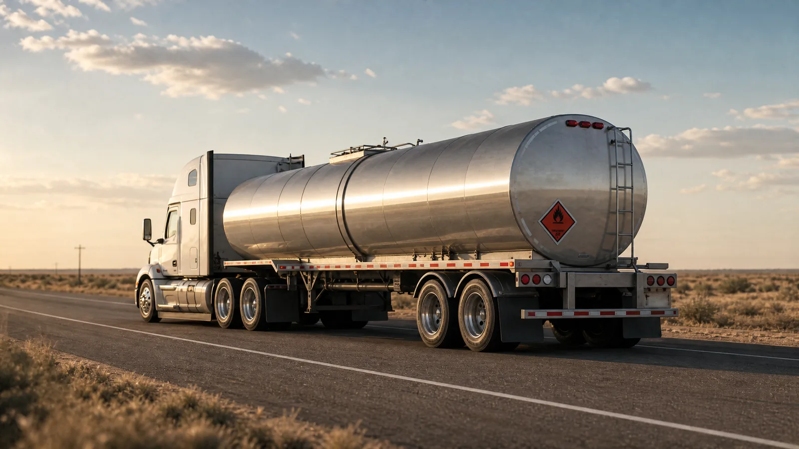 Stainless steel tanker trailer on an open Texas highway